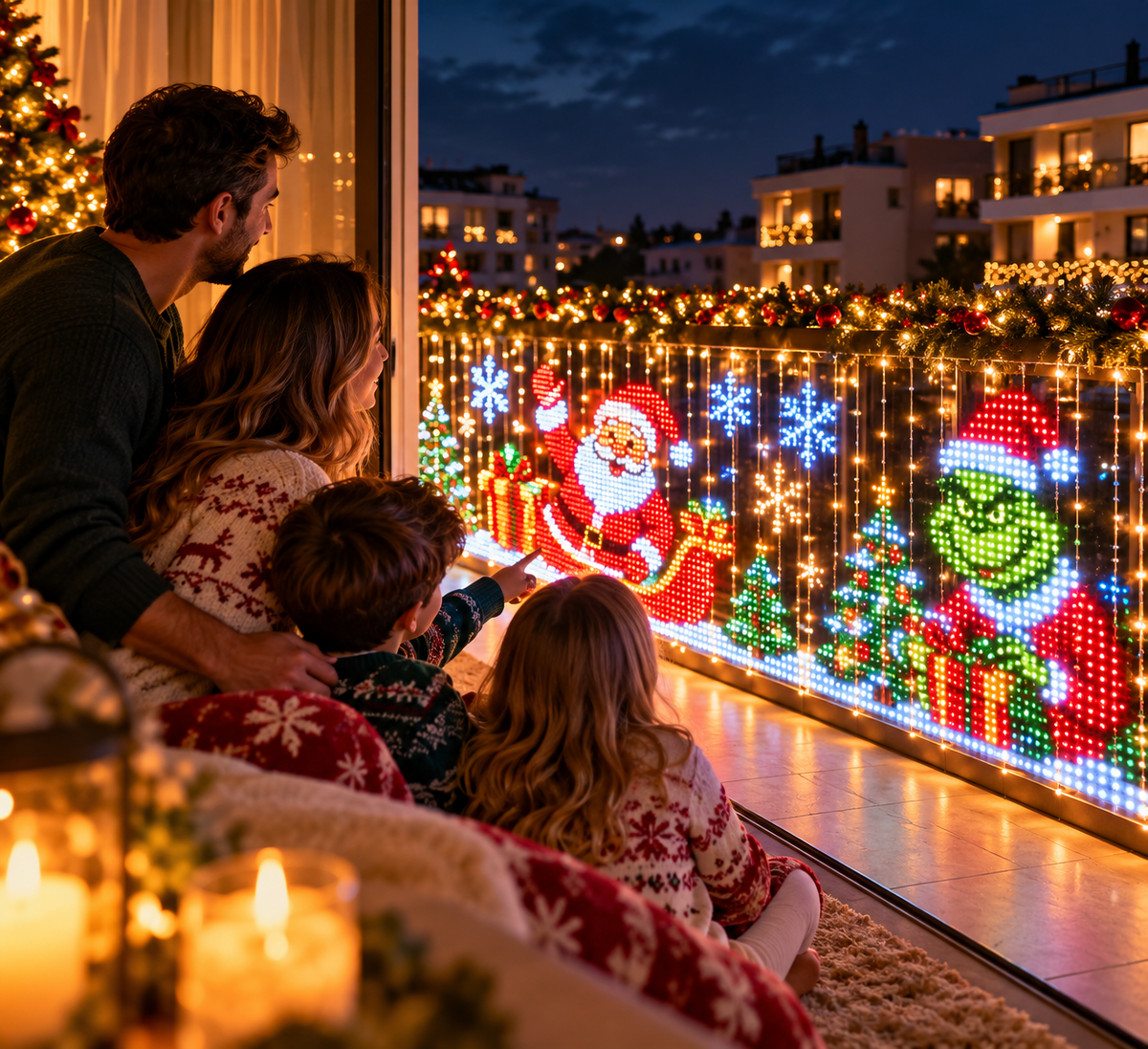 Cortina de luces encendida en un balcón