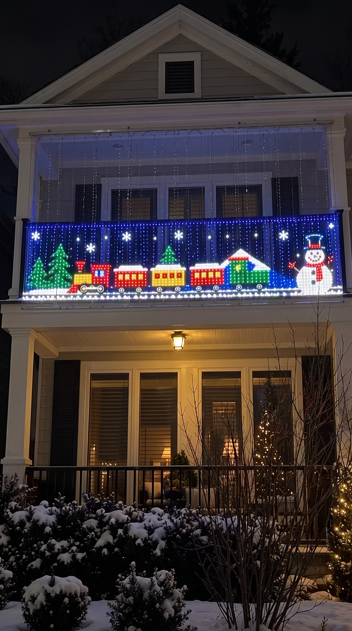 Balcón decorado con cortina de luces de noche